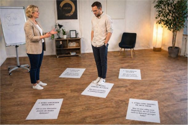 Coaching-Situation mit Tetralemma am Boden, bei der verschiedene Entscheidungspositionen im Raum sichtbar gemacht werden