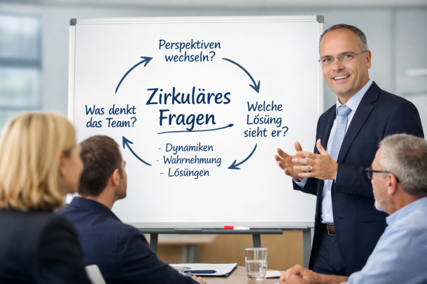 Coach Dirk Heyer erklärt zirkuläres Fragen in einem Business-Coaching mit Führungskräftenisoliert, sondern im Zusammenspiel von Beziehungen und Dynamiken zu verstehen. Im Mittelpunkt steht das systemische Prinzip, durch gezielte Fragen neue Perspektiven zu eröffnen, anstatt vorschnell Lösungen vorzugeben.